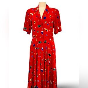 Vintage Liz Claiborne 100% Silk Geometric Red Maxi Dress - Size 10